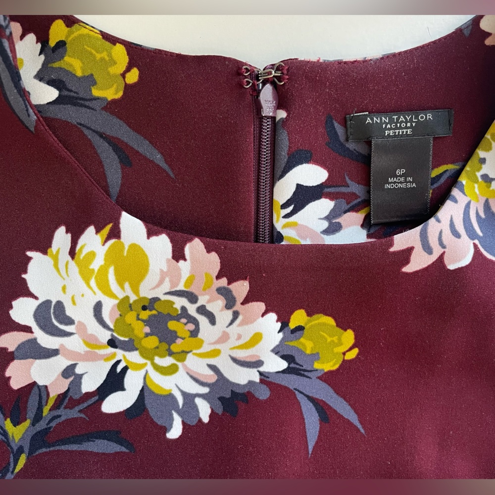 Ann Taylor Factory | Sleeveless Floral Shift Dress | Maroon | Size 6P - Picture 8 of 8